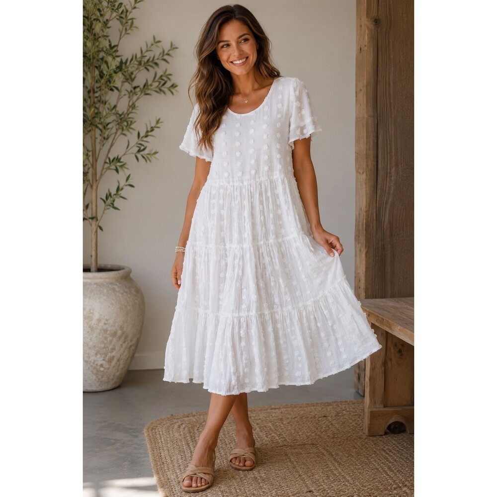 Swiss Dot Tiered Dress Size XS White, cool and light weight